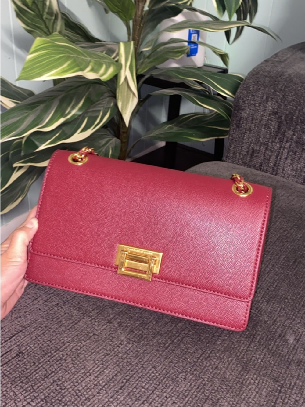 Charles & Keith Burgundy Crossbody Bag with Gold Hardware